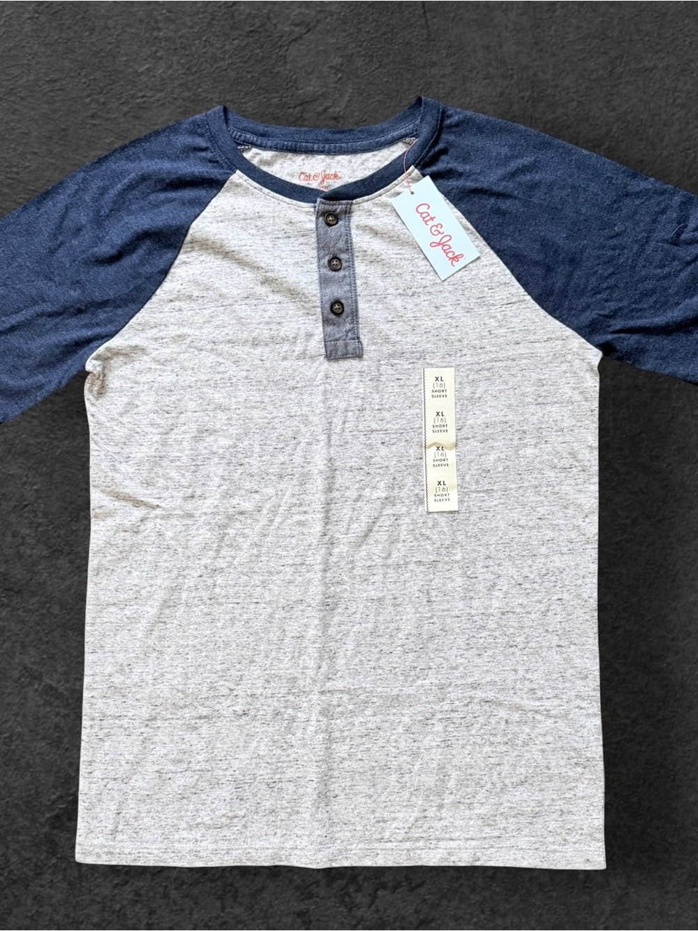 Cat & Jack Boys XL 16 Henley Shirt Gray Navy Raglan Short Sleeve NWT